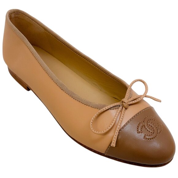 Chanel Beige Leather Classic Cap Toe Ballet Flats - Picture 1 of 6